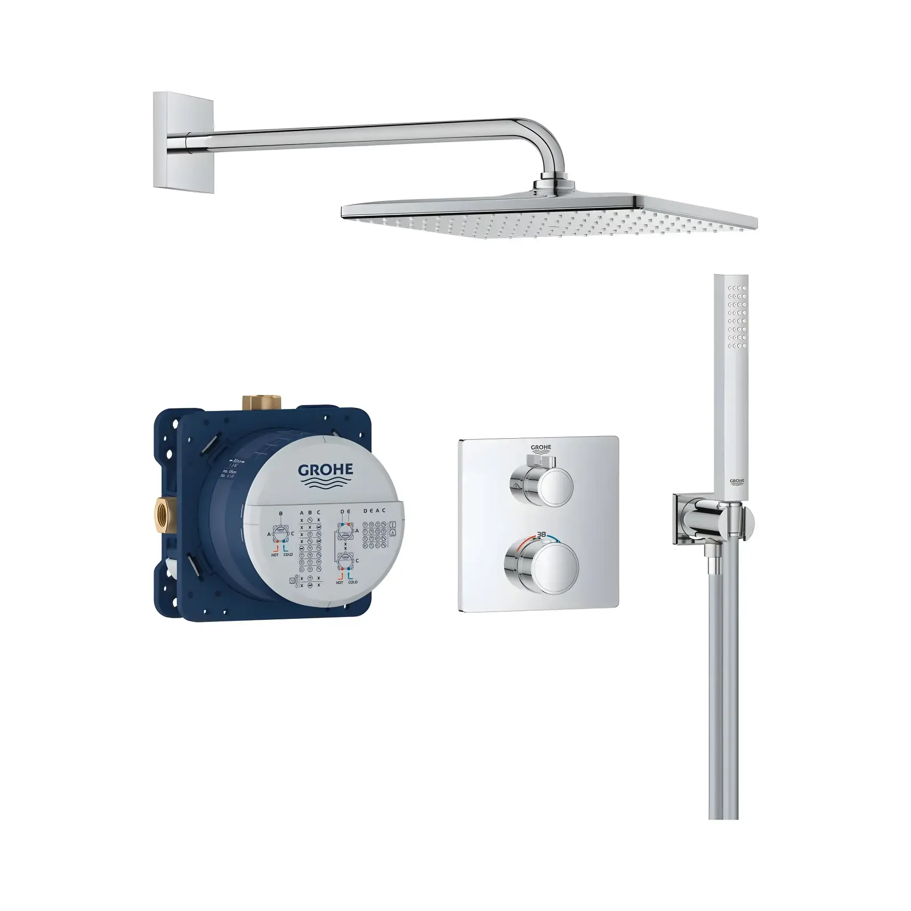 Душова система прихованого монтажу Grohtherm з Rainshower Mono 310 Cube Grohe 34870000 Chrome — вид на білому тлі