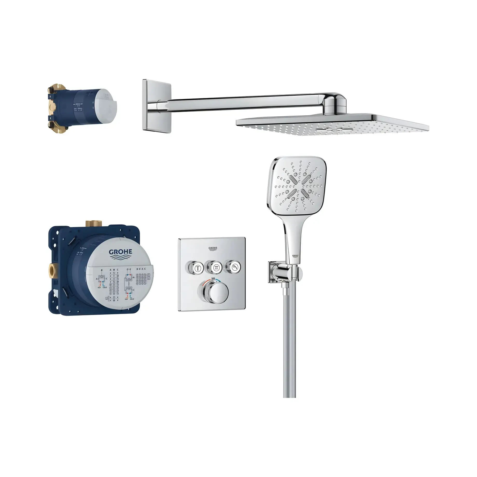 Душова система прихованого монтажу Grohtherm SmartControl з Rainshower SmartActive 310 Cube Grohe 34864000 Chrome — вид на білому тлі