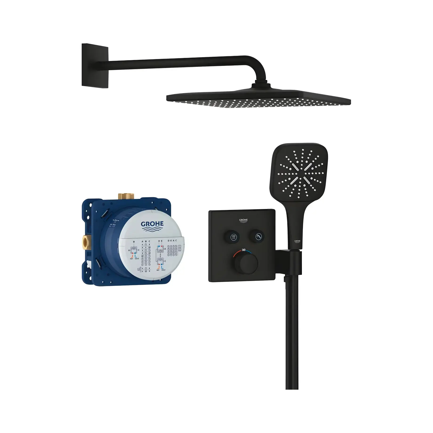 Душова система прихованого монтажу Grohtherm SmartControl з Rainshower Mono 310 Cube Grohe 34865KF0 Phantom Black — вид на білому тлі