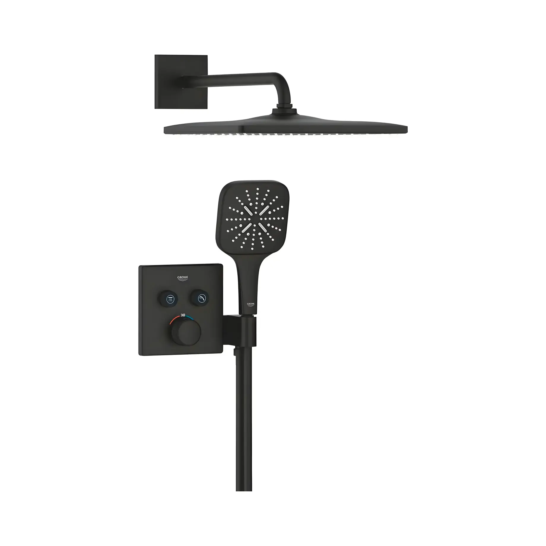 Душова система прихованого монтажу Grohtherm SmartControl з Rainshower Mono 310 Cube Grohe 34865KF0 Phantom Black — вид на білому тлі