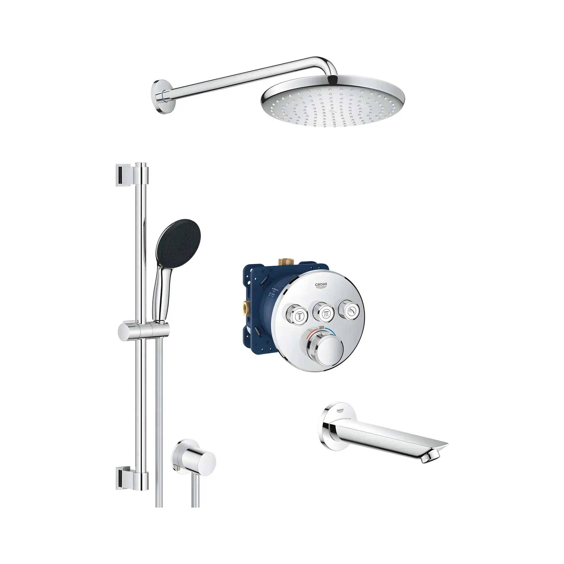 Душова система прихованого монтажу з виливом для ванниGrohtherm SmartControl з Vitalio Start 250 Grohe UA202801R3 — вид на білому тлі