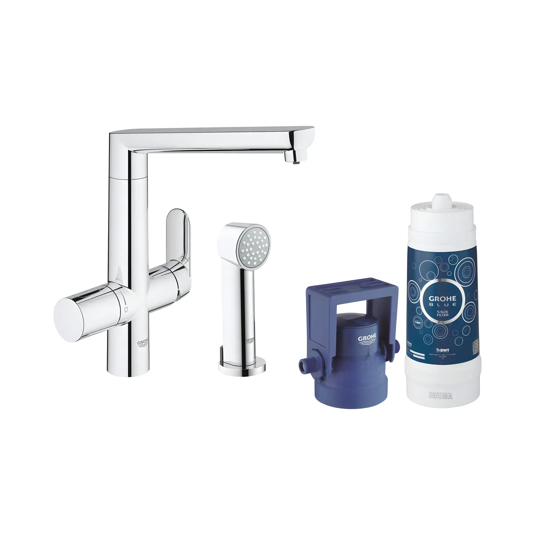 Змішувач для кухні з додатковою лійкою Blue K7 Pure Grohe 31354001 — вид на білому тлі