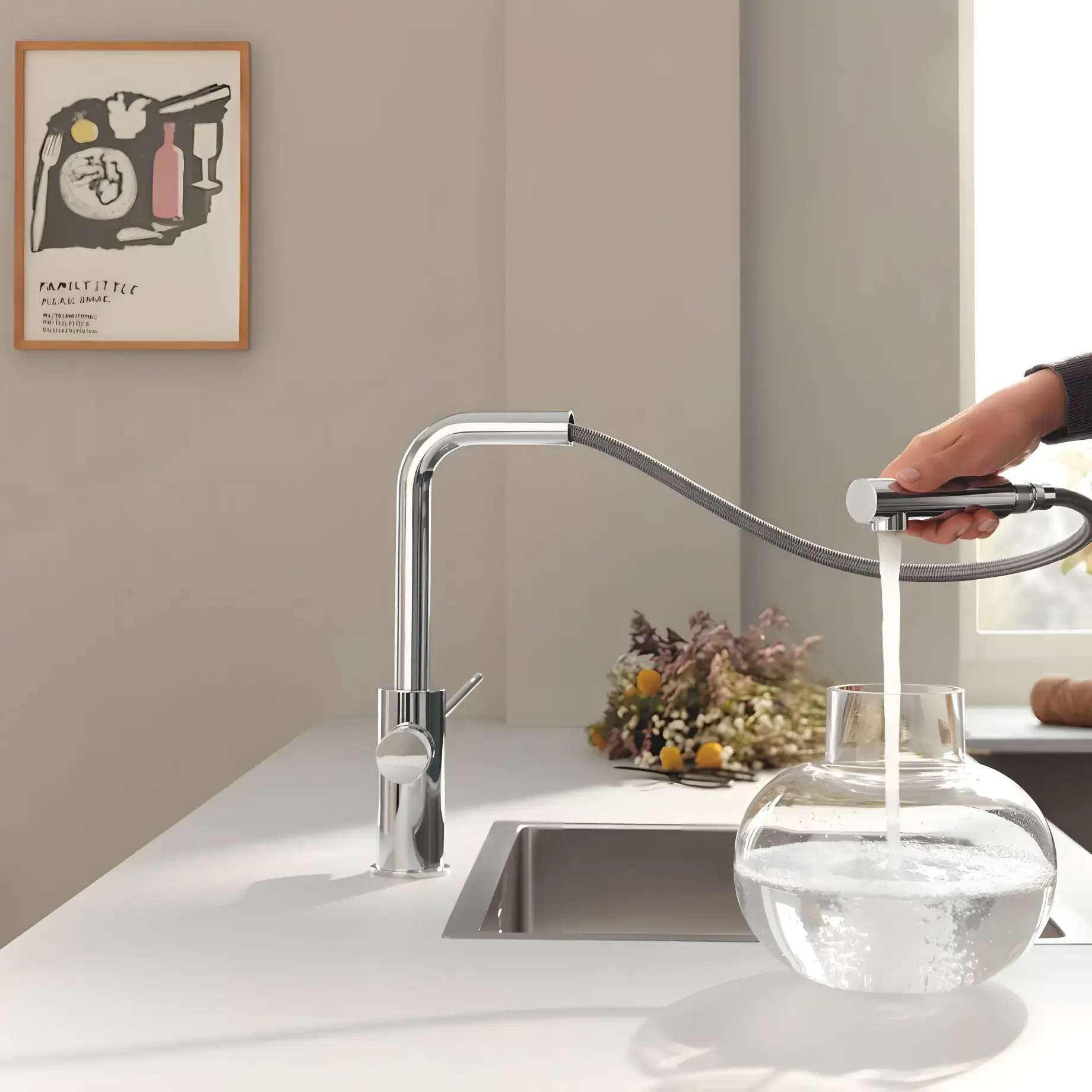 Змішувач для кухні для подачі технічної і фільтрованої води з витяжним виливом Blue Pure Minta Grohe 30590000 Chrome — бічний ракурс