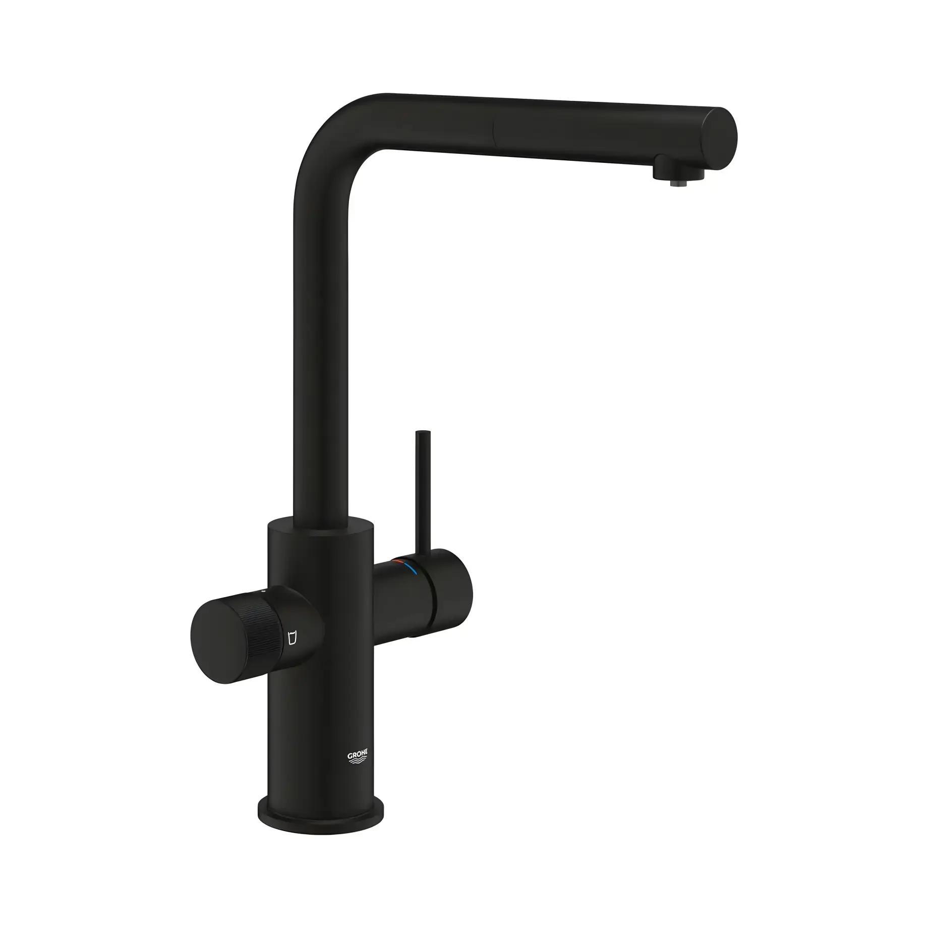 Змішувач для кухні під фільтр з витяжним виливом Blue Pure Minta Grohe 30590KF0 Phantom Black — вид на білому тлі