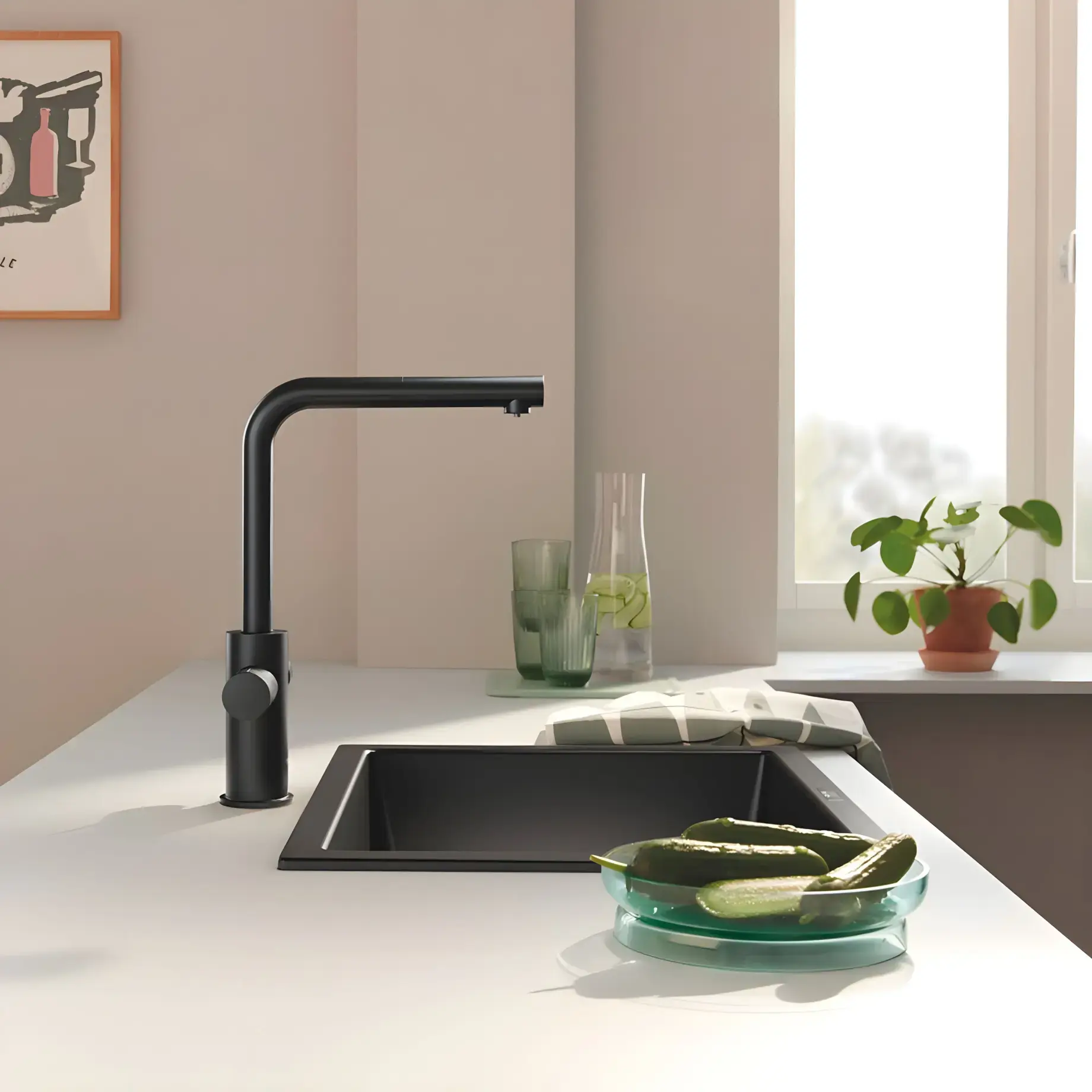 Змішувач для кухні під фільтр з витяжним виливом Blue Pure Minta Grohe 30590KF0 Phantom Black — вид ззаду