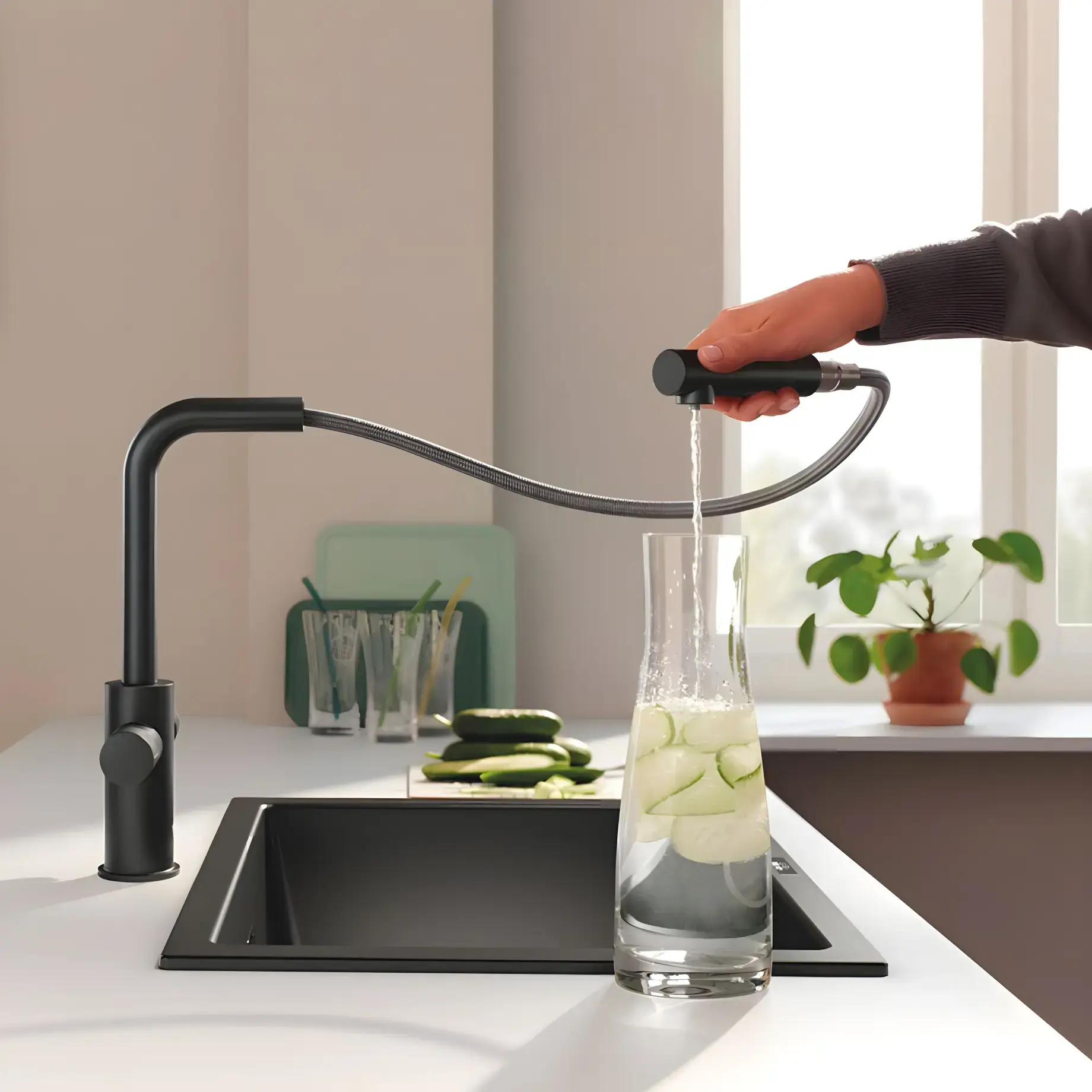 Змішувач для кухні під фільтр з витяжним виливом Blue Pure Minta Grohe 30590KF0 Phantom Black — ракурс 3/4