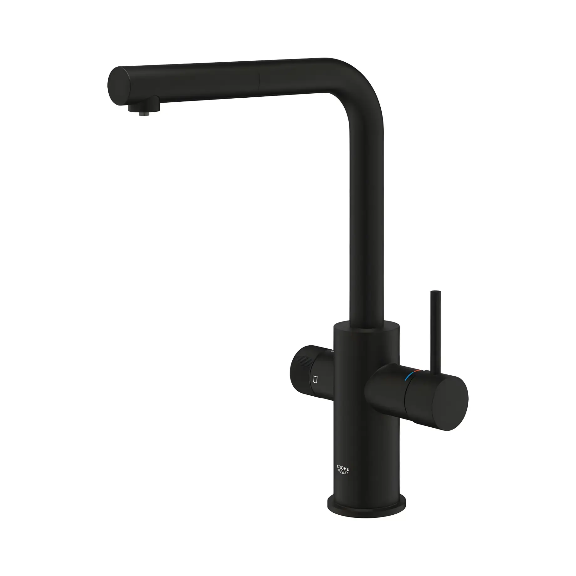 Змішувач для кухні під фільтр з витяжним виливом Blue Pure Minta Grohe 30590KF0 Phantom Black — в інтерʼєрі ванної кімнати