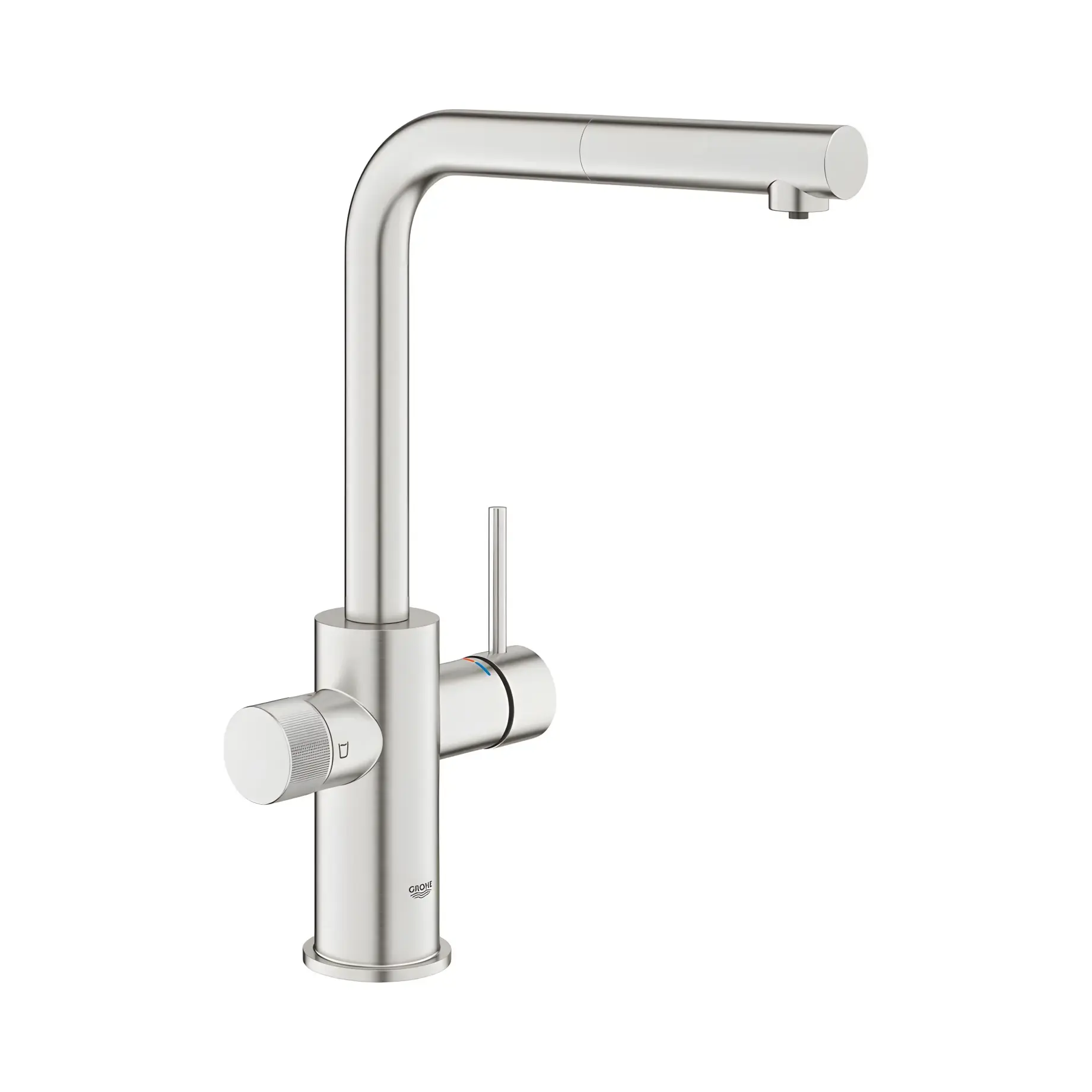 Змішувач для кухні під фільтр з витяжним виливом Blue Pure Minta Grohe 30601DC0 Steel — вид на білому тлі