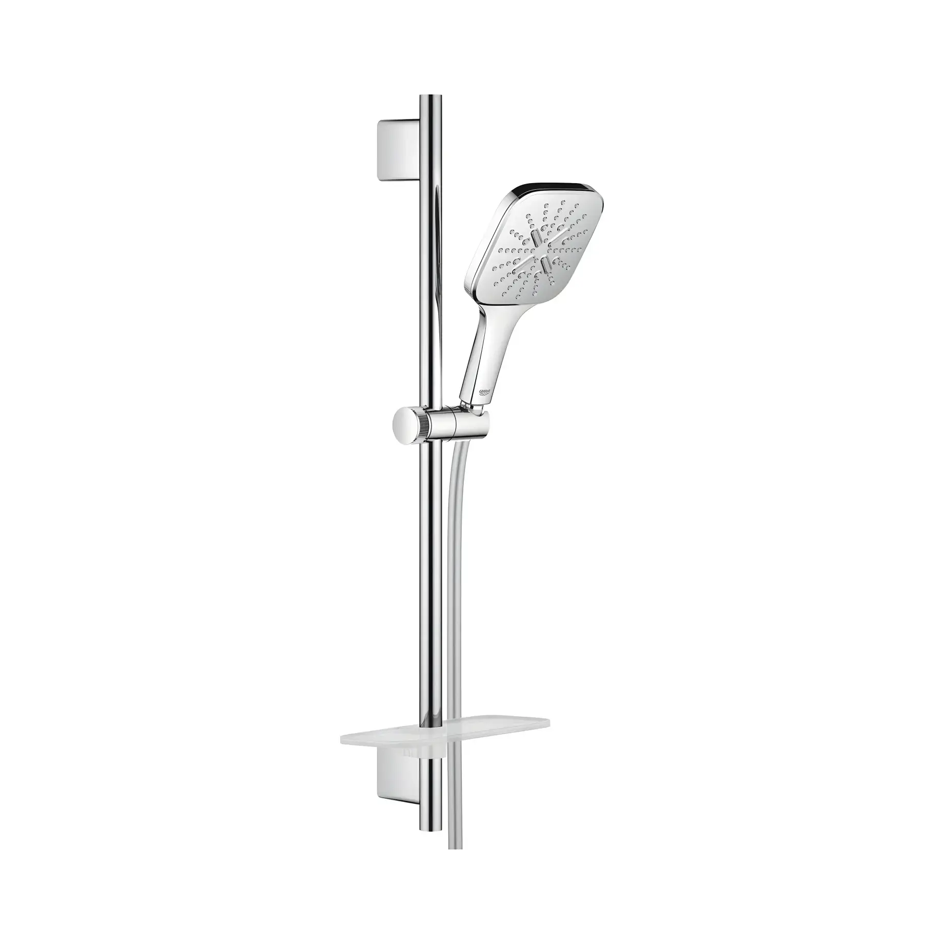 Душовий гарнітур на 3 типи стрюменю зі стійкою 600 мм Rainshower SmartActive 130 Cube Grohe 26583000 Chrome — вид на білому тлі