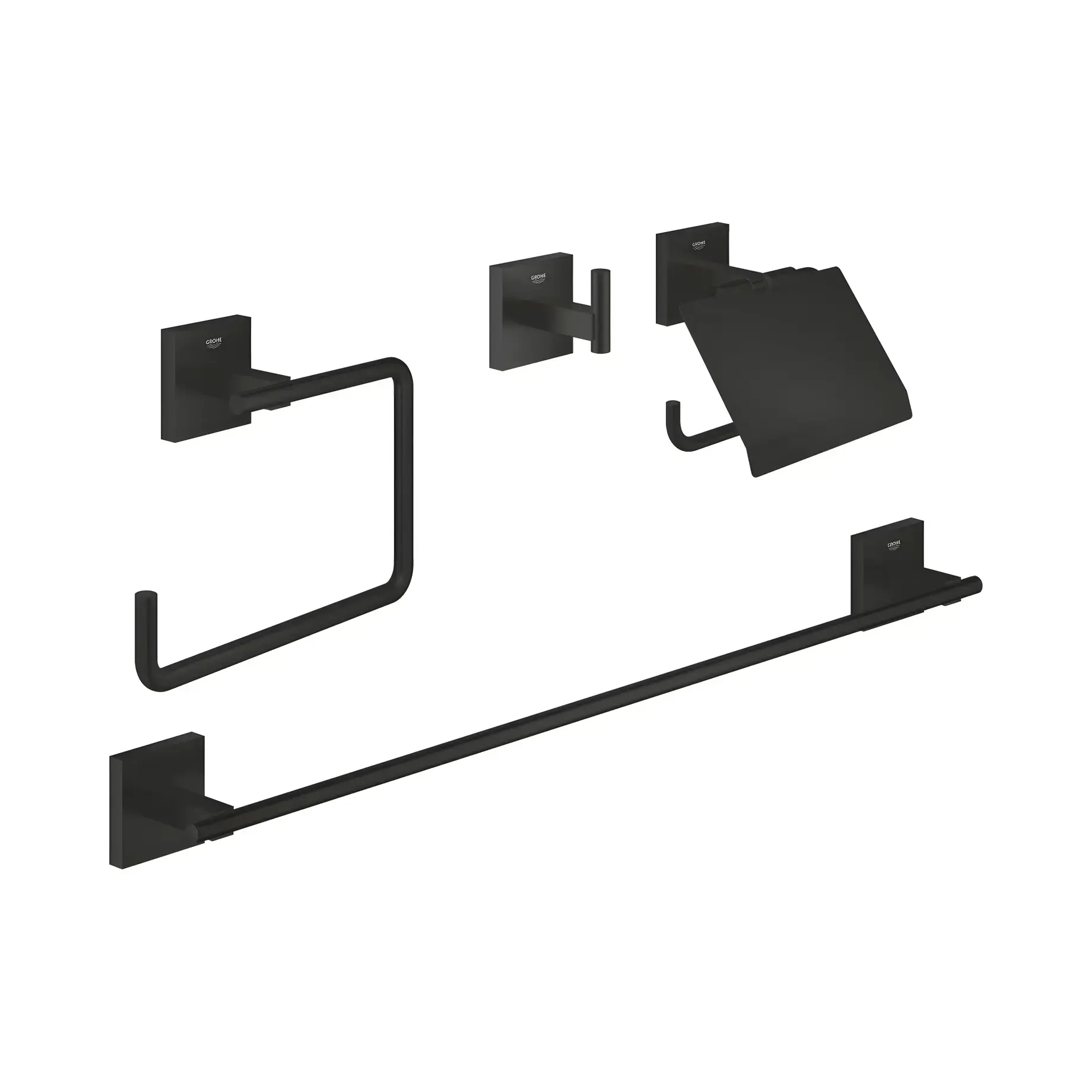 Набір аксесуарів 4 в 1 Start Cube QuickFix Grohe 411152430 Matt Black — вид на білому тлі