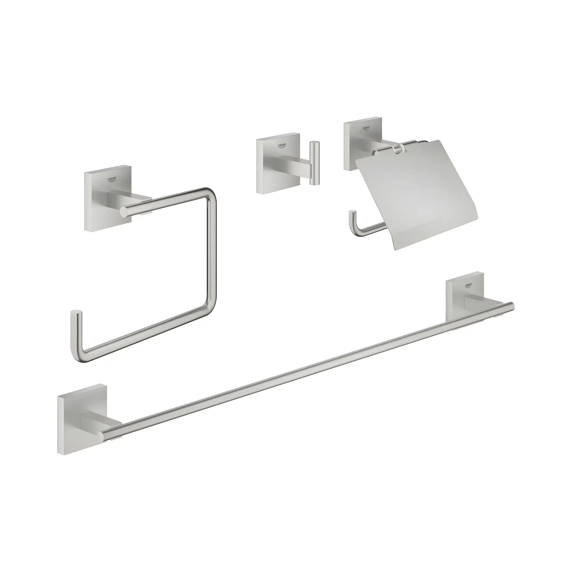 Набір аксесуарів 4 в 1 Start Cube QuickFix Grohe 41115DC0 Super Steel — вид на білому тлі