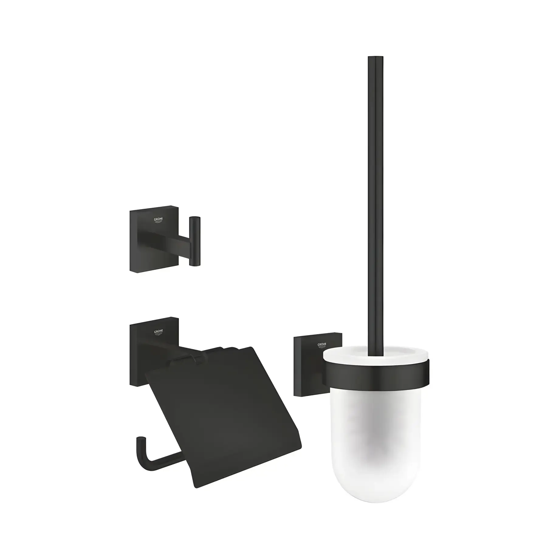 Набір аксесуарів 3 в 1 Start Cube QuickFix Grohe 411232430 Matt Black — вид на білому тлі