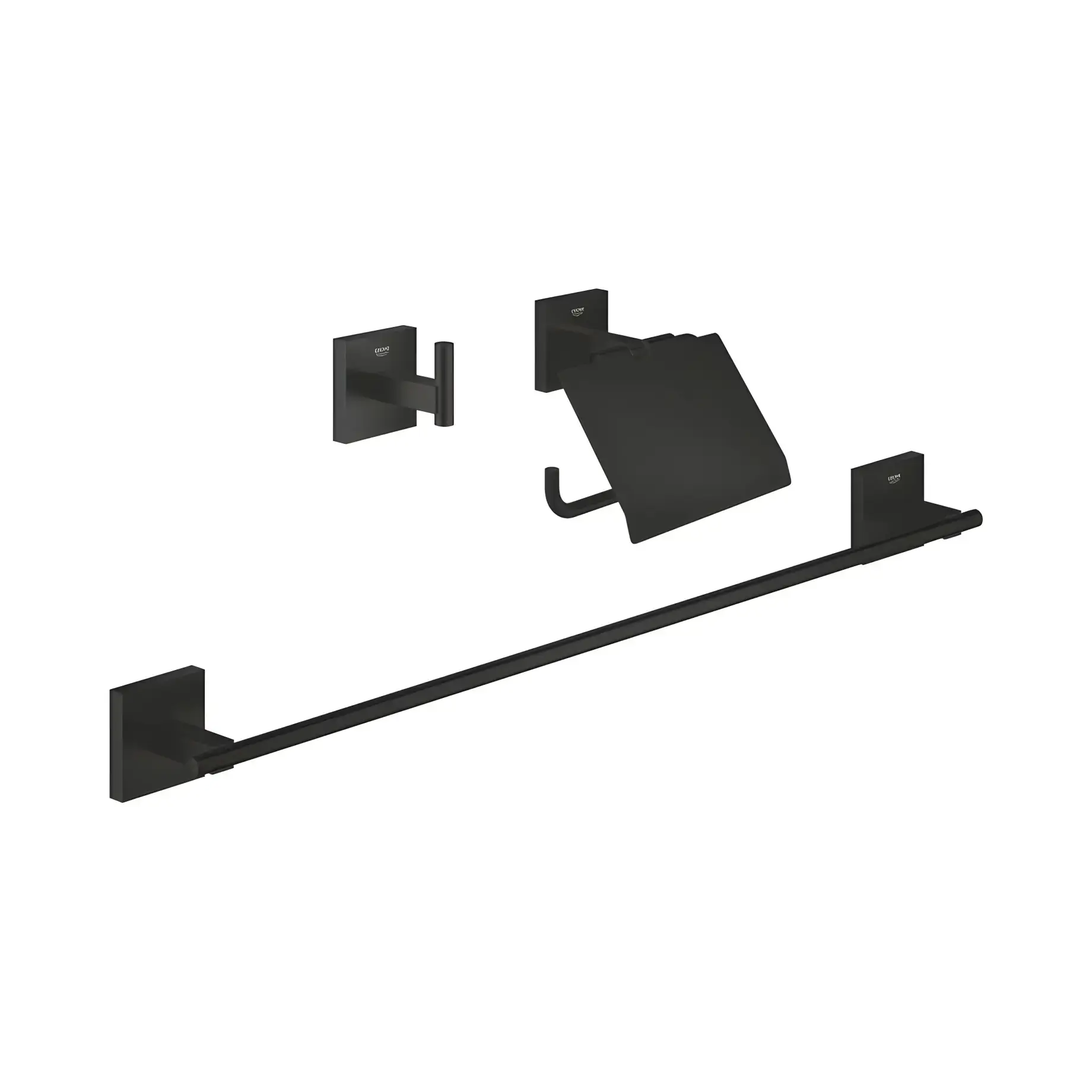 Набір аксесуарів 3 в 1 Start Cube QuickFix Grohe 411242430 Matt Black — вид на білому тлі