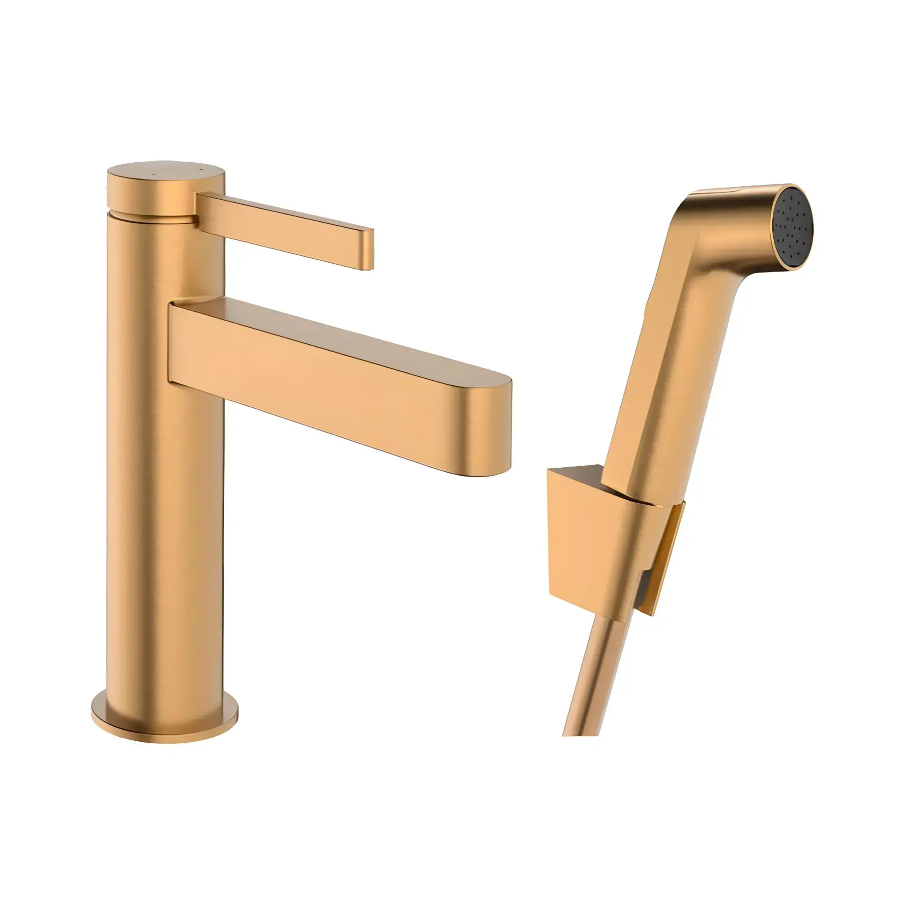 Змішувач для раковини з гігієнічним душем Finoris Hansgrohe 76210140 Brushed Bronze — вид на білому тлі
