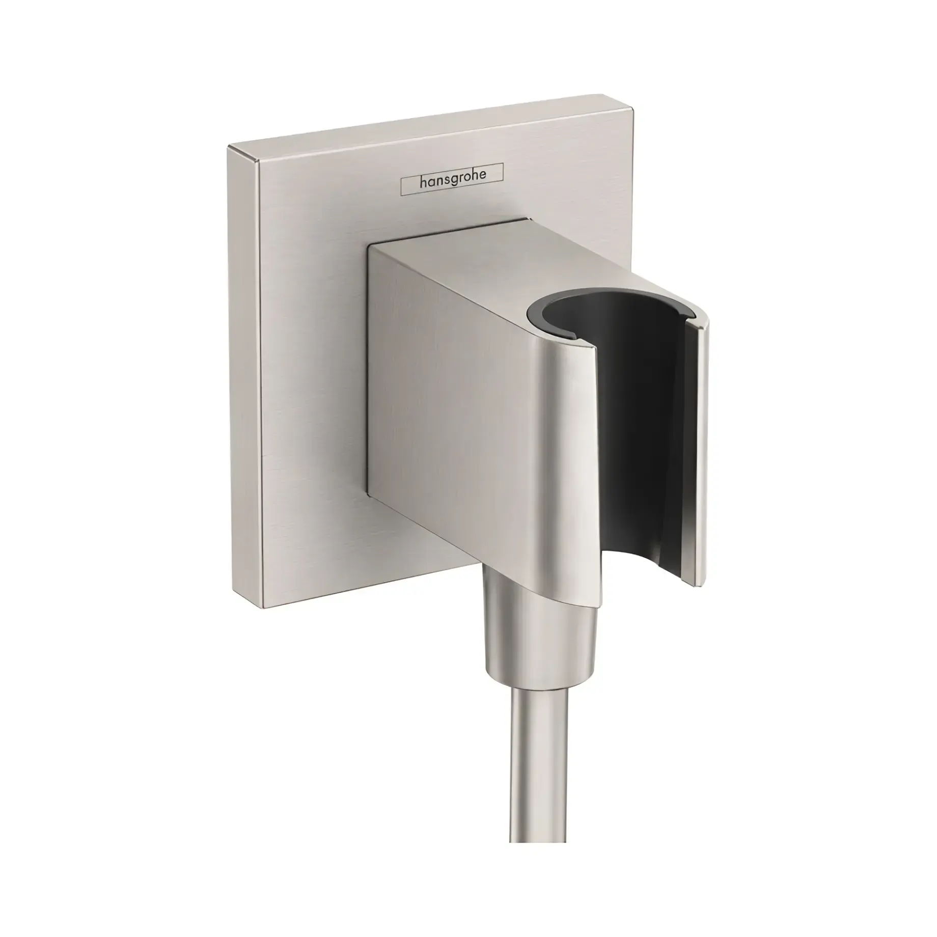Шлангове під'єднання з тримачем FixFit Porter E Hansgrohe 26889800 Stainless Steel Optic — вид на білому тлі