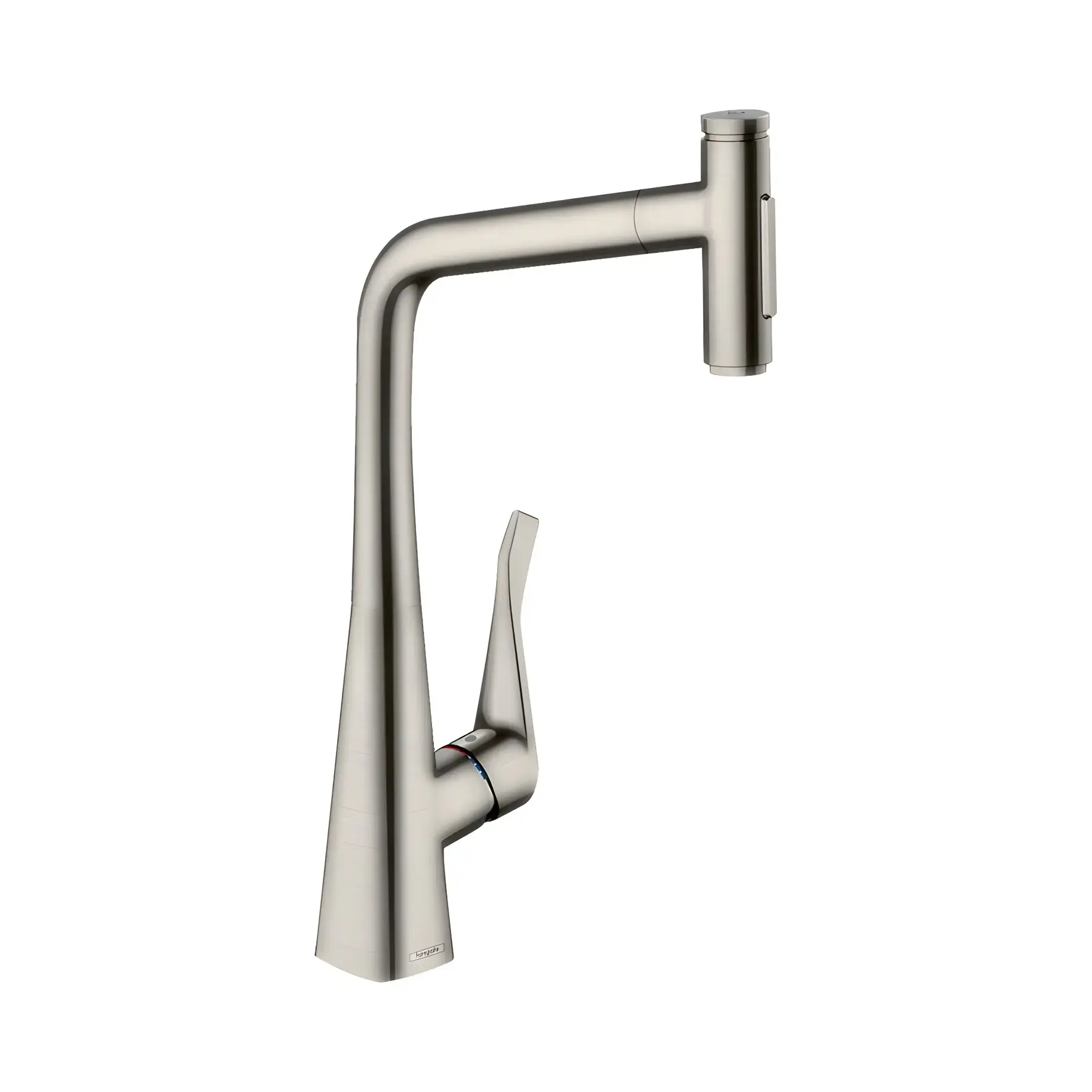 Змішувач для кухні Metris Select M71 Hansgrohe 73820800 Stainless Steel Finish — вид на білому тлі