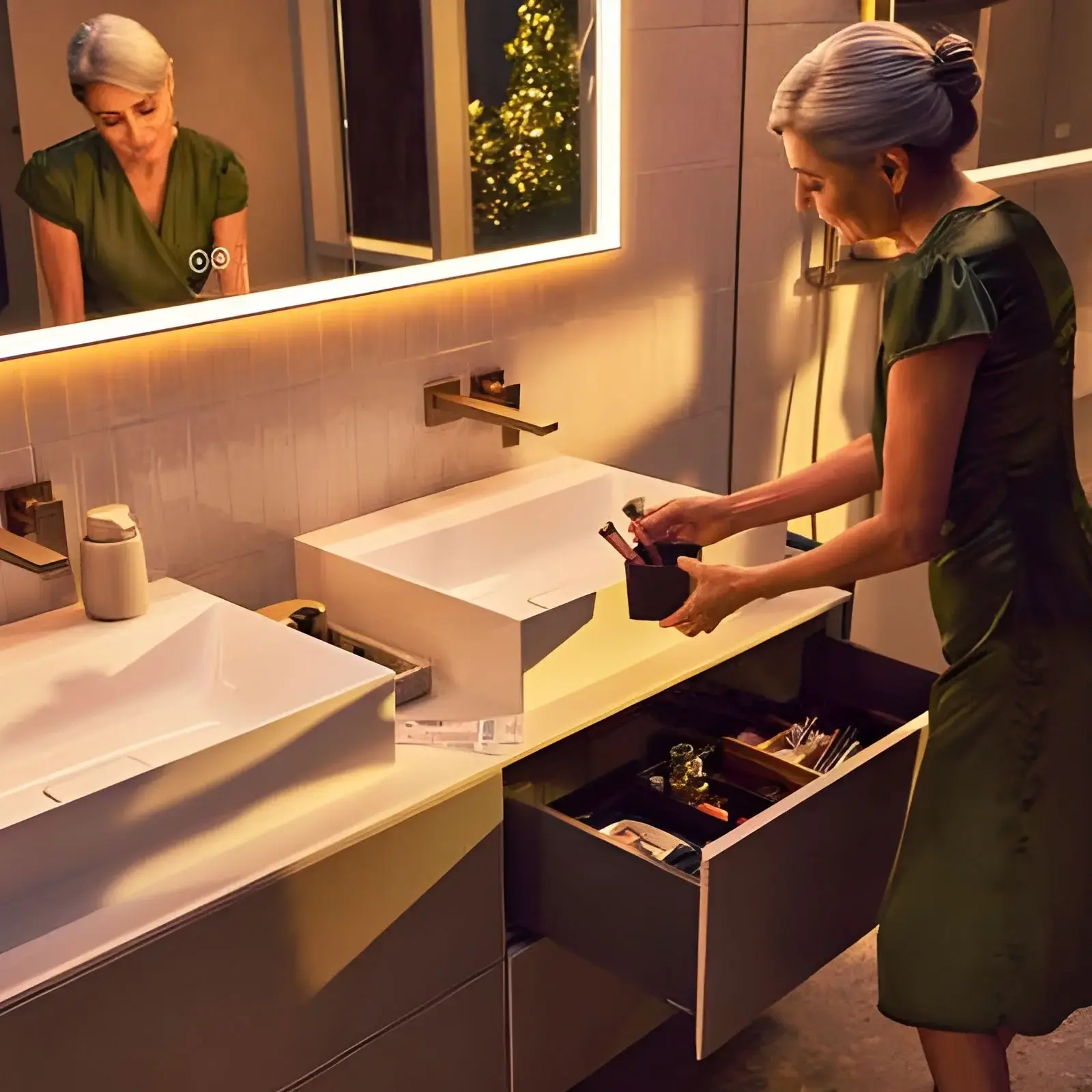 Змішувач для раковини Metropol Hansgrohe 32526140 Brushed Bronze — в інтерʼєрі ванної кімнати