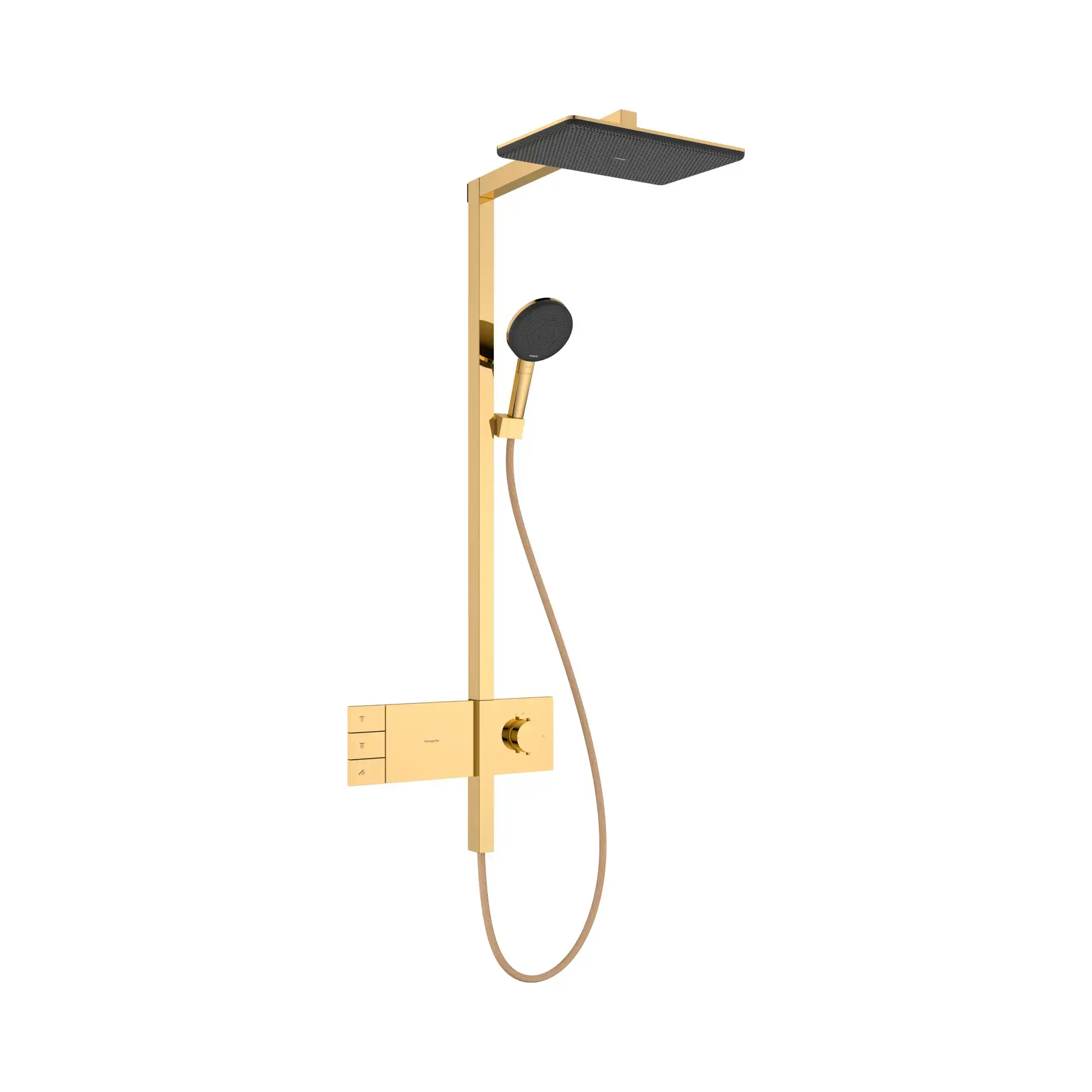 Душова система Raindance Alive Q 210/340 2jet з ShowerSelect Comfort Hansgrohe 24590990 Polished Gold Optic — вид на білому тлі