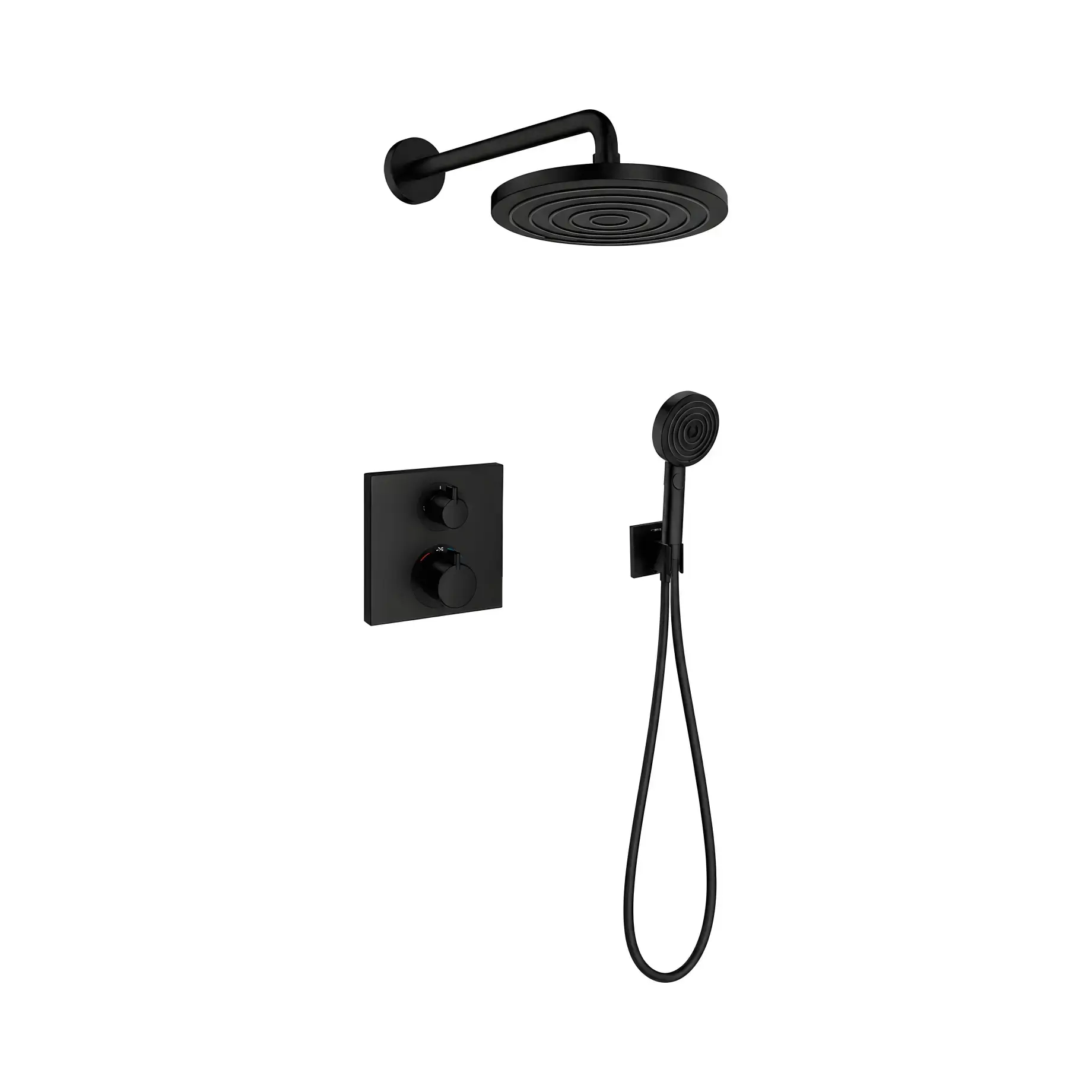 Душова система прихованого монтажу з термостатом Pulsify Ecostat Square Hansgrohe 1571424140670 Matt Black — вид на білому тлі
