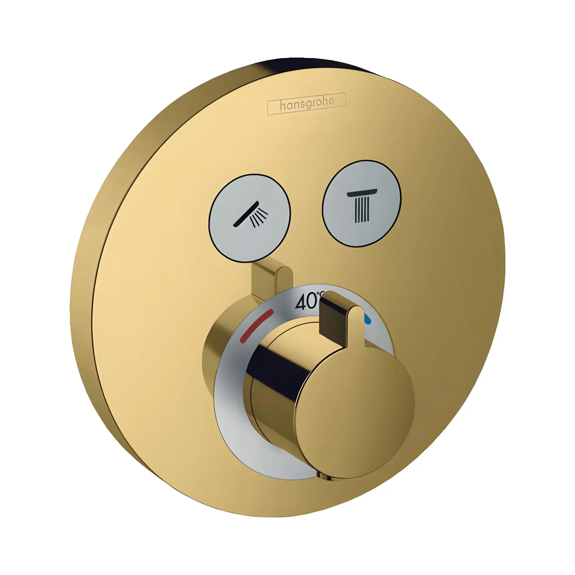Термостат для ванни та душу ShowerSelect S Hansgrohe 15743990 Polished Gold Optic — вид на білому тлі