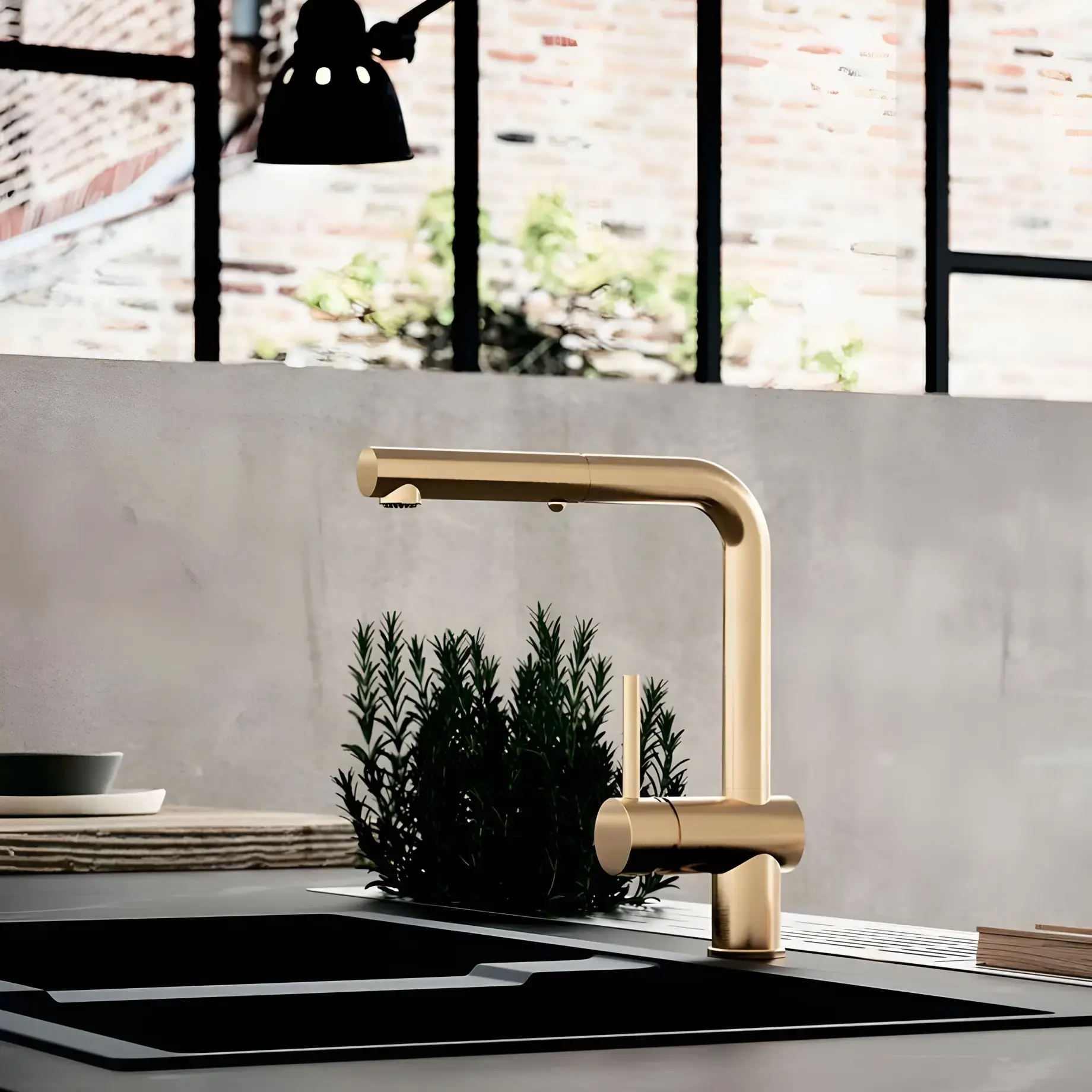Змішувач для кухні з витяжним виливом  Light Paffoni LIG285HGSP-MET Brushed honey gold — бічний ракурс