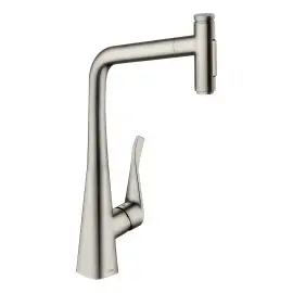Змішувач для кухні Metris Select M71 Hansgrohe 73816800 Stainless Steel Finish — вид на білому тлі
