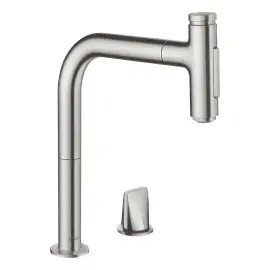 Змішувач для кухні Metris Select M71 Hansgrohe 73819800 Stainless Steel Finish — вид на білому тлі